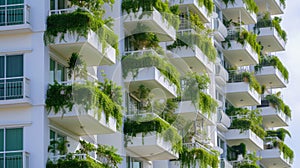 Close-up of a white residential building adorned with vibrant greenery on each balcony, blending urban living with eco