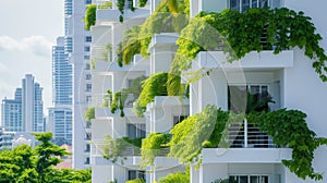 Close-up of a white residential building adorned with vibrant greenery on each balcony, blending urban living with eco