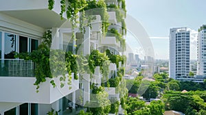 Close-up of a white residential building adorned with vibrant greenery on each balcony, blending urban living with eco