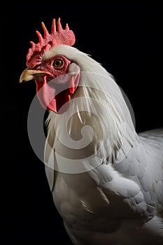 close up of white rooster on black background generative AI