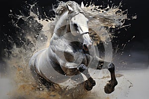 Close-up of white running horse rendered in splashing water and mud