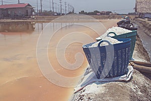 Close up white salt in plastic basket for water evaporation place on edge of salt lake at countryside.