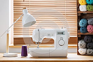 Close-up of a white sewing machine with a purple thread and crates with yarn by a window in a bright crafts room interior. Real ph