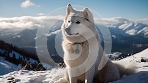 Close up of white Siberian Husky dog sit and relax enjoy the nature, looking at something, on top of the mountain cliff, nature