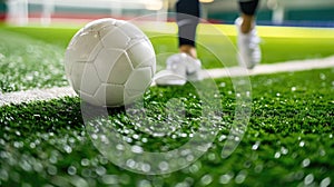 Close-up of a white soccer ball on artificial grass with player& x27;s feet in the background.