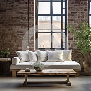Close up of white sofa and live edge table against of grid window and brick wall. Loft interior design of modern living room