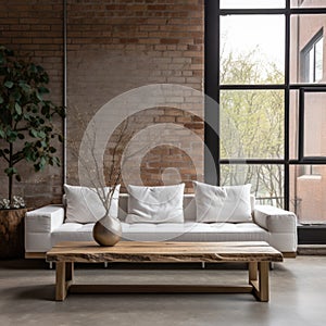 Close up of white sofa and live edge table against of grid window and brick wall. Loft interior design of modern living room