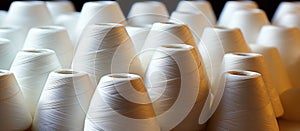 Close up of white spools of thread in a textile factory