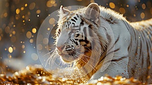 Close-up of a white tiger running in the rain on the sand