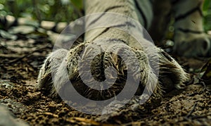 Close-up of a white tiger's paw leaving prints in the soft earth