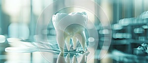 Close-up of a white tooth model on a table in a dental office