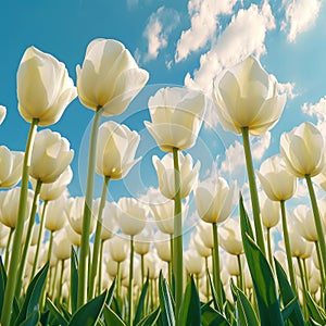 Close-up of white tulips field against blue sky background. Spring landscape concept. Generative AI