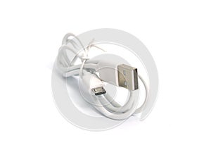 Close up white USB and micro USB cable plug isolated on white background