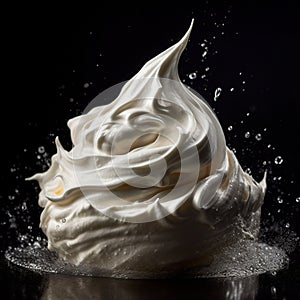 A close-up of white whipped cream with water splaters on black background
