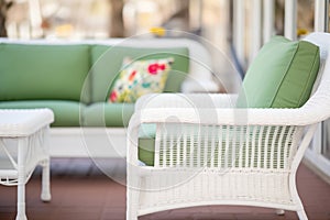 close-up of white wicker patio furniture with green cushions