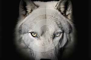 Close up on a white wolf eyes on black