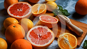 Close-up of whole and cut citrus fruits, fruits: orange, lemon, grapefruit. Decorated with pieces of mint. On a marbled gray