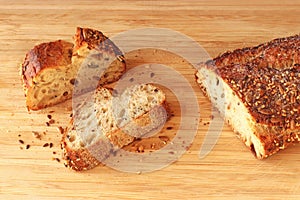 Close-up of whole grain bread and bread slices