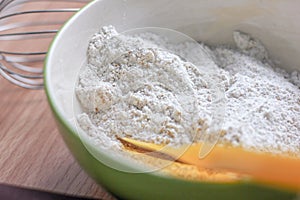 Close up whole wheat flour in bowl for healthy