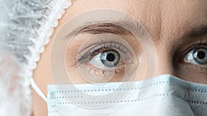 Close up widely opened eyes of doctor. Female doctor in protective mask with beautiful eyes close up.