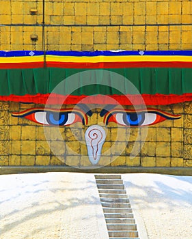 Close up of widsom eyes of Boudhanath Stupa in N