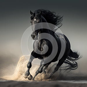 Close up of wild black horse running in sand, created using generative ai technology