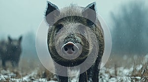 Close-up of wild boar in snowy winter forest