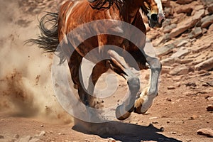 a close-up of wild horse hooves in mid-gallop