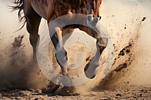 close-up of a wild horses hooves kicking up dust while galloping