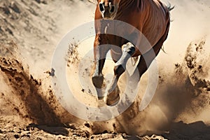 close-up of a wild horses hooves kicking up dust while galloping