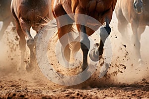 close-up of wild horses hooves kicking up dust while galloping