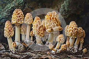 Close up of Wild Morel Mushrooms Growing in Natural Forest Environment, Exotic Edible Fungi