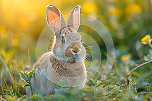 Close-up wild rabbit in sunlit garden. Generative AI