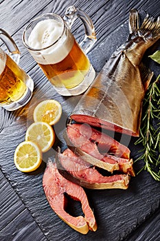 Close-up of wild salmon cut in steaks