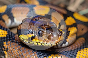 Close up of wild snake head python with scales in nature on yellow background.