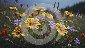 Close-up of wildflowers under the morning sun.