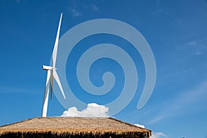 Close up wind turbine eco power with blue sky background