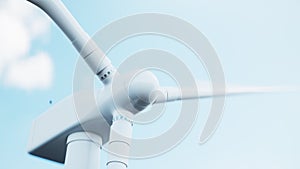 Close-up wind turbine generating electricity in blue sky background. Clean energy, wind energy, ecological concept, 3d