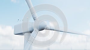 Close-up wind turbine generating electricity in blue sky background. Clean energy, wind energy, ecological concept, 3d