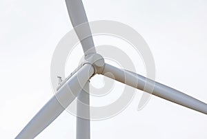 Close up wind turbine generating electricity producing alternative energy