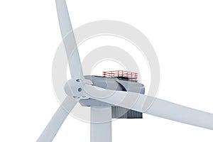 Close-up of wind turbine hub and blades on white background