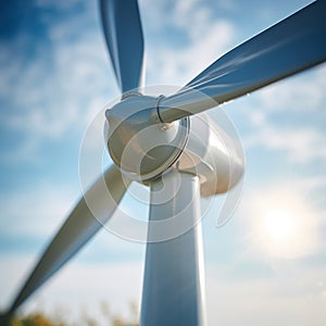 A close up of a wind turbine with the sun in background, AI