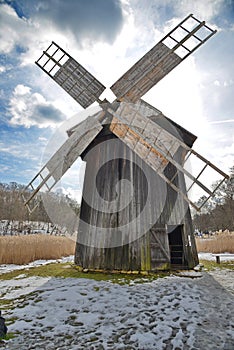 Close up with windmill with movable roof from Bestepe (Tulcea county) in the ASTRA Sibiu museum, Romania.