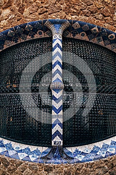 A close-up window in a gingerbread house, at the Central Entrance to Park Guell in Barcelona.