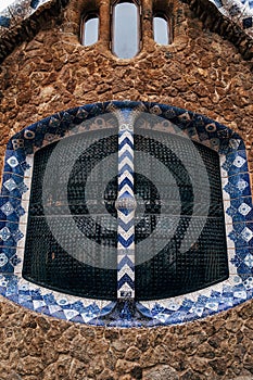 A close-up window in a gingerbread house, at the Central Entrance to Park Guell in Barcelona.