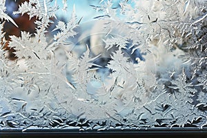 A close up of a window with water drops, frost and snow figures on an icy window in winter