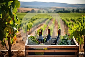 close-up of wine bottles in crates with a vineyard in the backgound