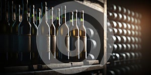 Close-up with wine bottles on traditional rustic wooden shelf