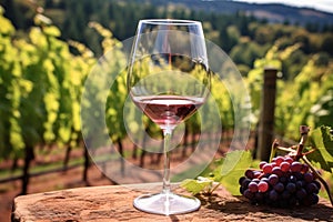 close-up of wine glass with vineyard in the background