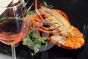 Close-up of wine and lobster